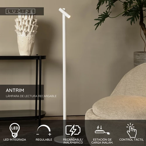 Lucide ANTRIM - Lámpara de lectura Recargable Dentro/Fuera - Batería/acumulador - LED Regul. - 1x2,2W 2700K - IP54 - Con estación de carga inalámbrica - Blanco - USP